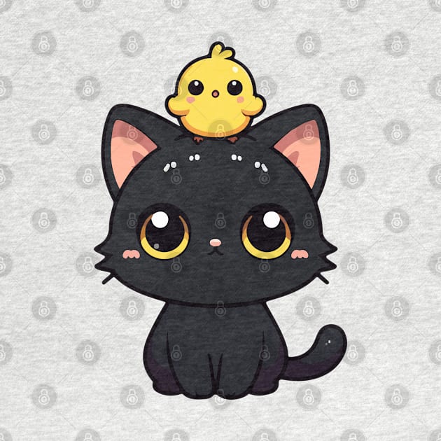 Cute Black Cat And Yellow Bird by TomFrontierArt